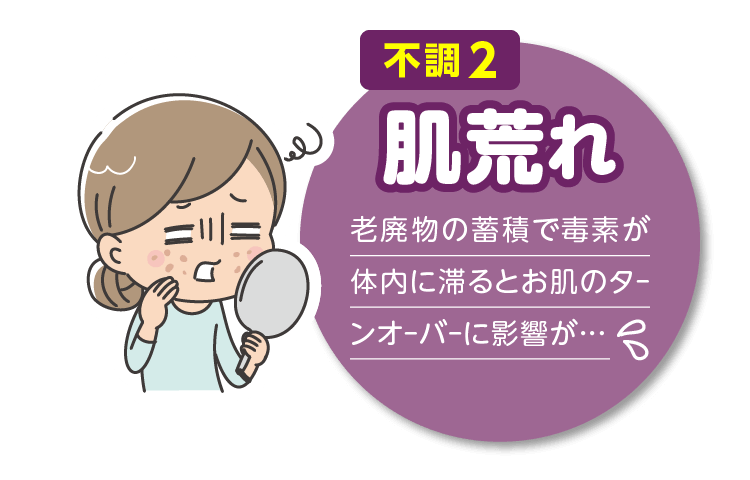 不調２肌荒れ 老廃物の蓄積で毒素が体内に滞るとお肌のターンオーバーに影響が…