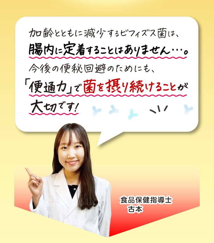 加齢とともに減少するビフィズス菌は、残念ながら腸内に定着することはありません…。今後の便秘回避のためにも、「便通力」で菌を摂り続けることが大切です！