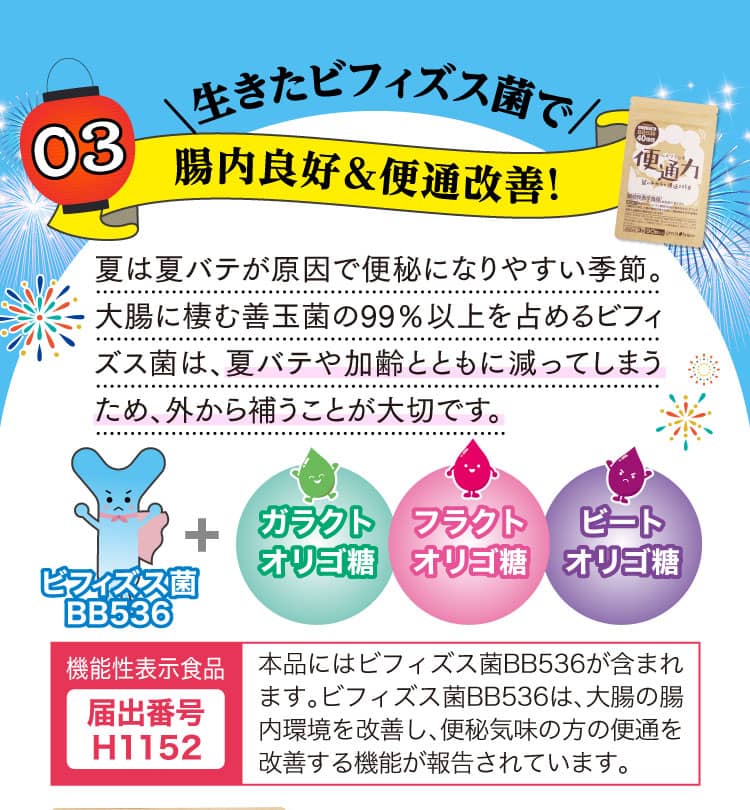 生きたビフィズス菌で腸内良好＆便通改善！