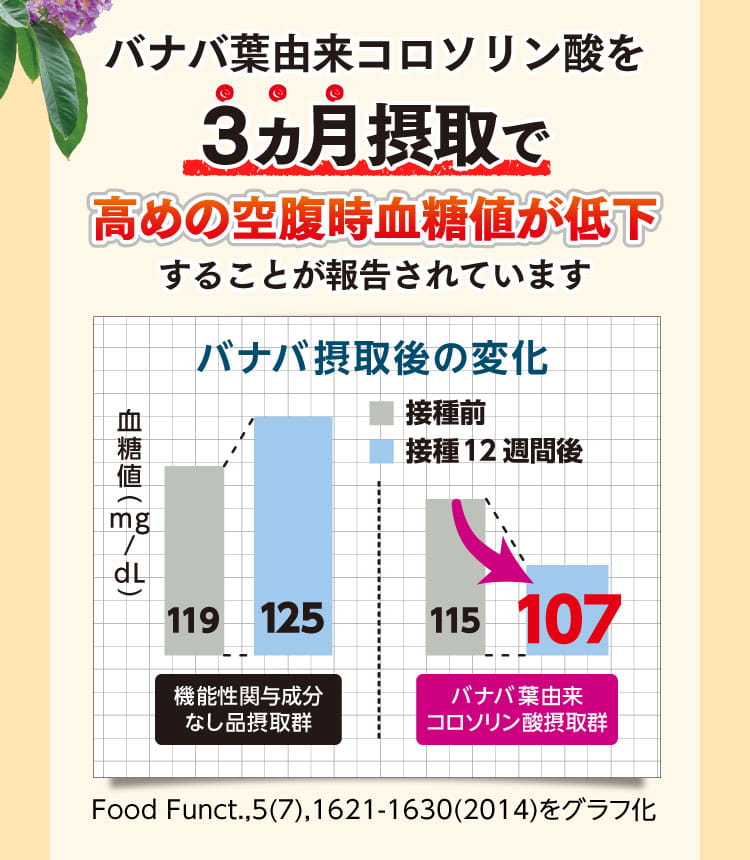 バナバ葉由来コロソリン酸を3ヶ月摂取で高めの空腹時血糖値が低下