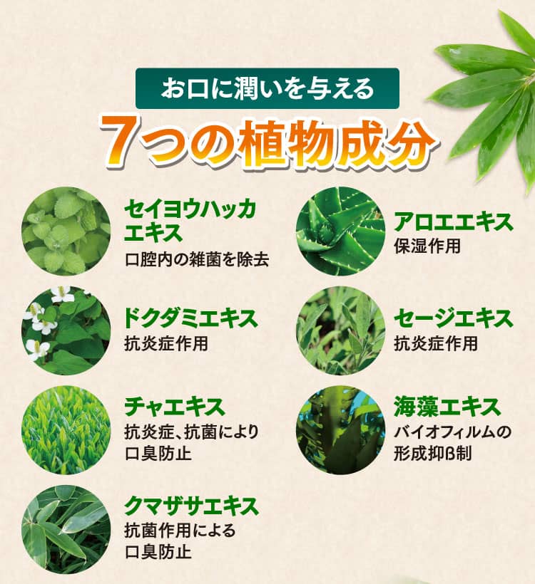 お口に潤いを与える7つの植物成分　セイヨウハッカエキス、アロエエキス、ドクダミエキス、セージエキス、チャエキス、海藻エキス、クマザサエキス
