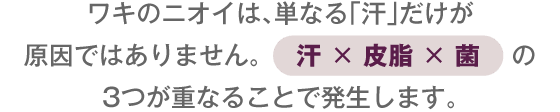 ワキのニオイは「汗×皮脂×菌」の3つが重なることで発生します