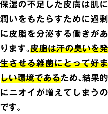 保湿の不足した皮膚は肌に潤いをもたらすために過剰に皮脂を分泌する働きがあります。皮脂は汗の臭いを発生させる雑菌にとって好ましい環境であるため、結果的にニオイが増えてしまう