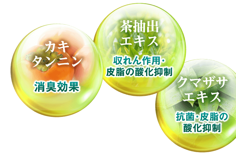 カキタンニン（消臭効果）、茶抽出エキス（収れん作用・皮脂の酸化抑制）、クマザサエキス（抗菌・皮脂の酸化抑制）