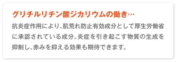 グリチルリチン酸ジカリウムの働き…抗炎症作用により、肌荒れ防止有効成分として厚生労働省に承認されている成分。炎症を引き起こす物質の生成を抑制し、赤みを抑える効果も期待できます。