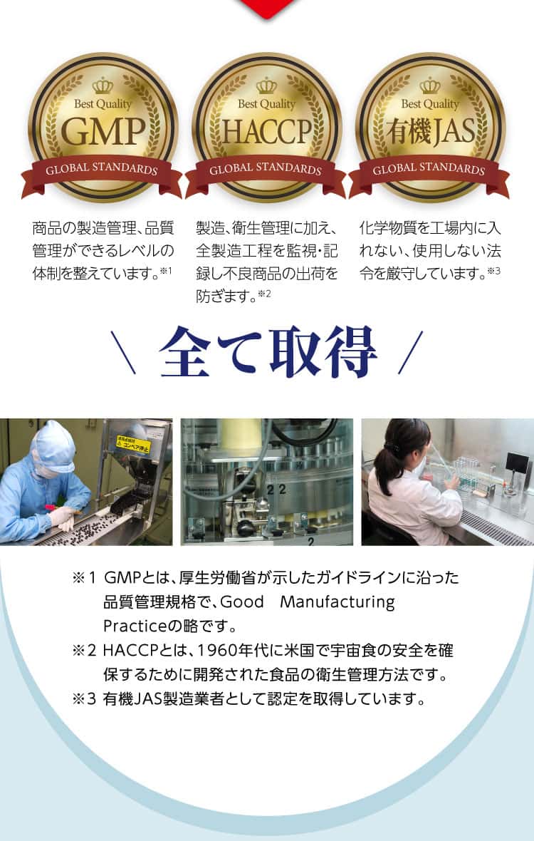 GMP・HACCP・有機JAS、全て取得