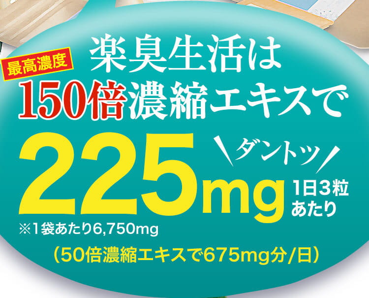 楽臭生活は150倍濃縮エキスで225mg 【原料メーカー認定】最高濃度150倍シャンピニオンエキスを高配合！大人気の口臭サプリがこちら
