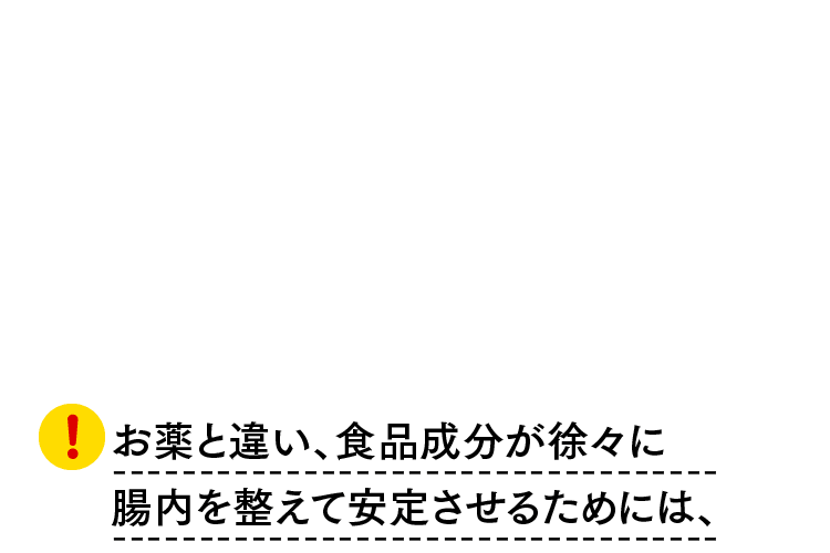 お薬と違い、食品成分が徐々に腸内を整えて安定させるのため、