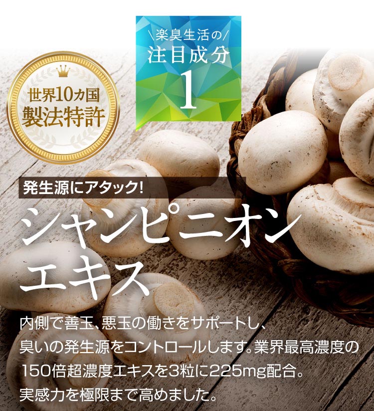 発生源にアタック！　効果の秘密は世界10カ国で製法特許を取得した消臭成分シャンピニオン150倍濃縮エキス。