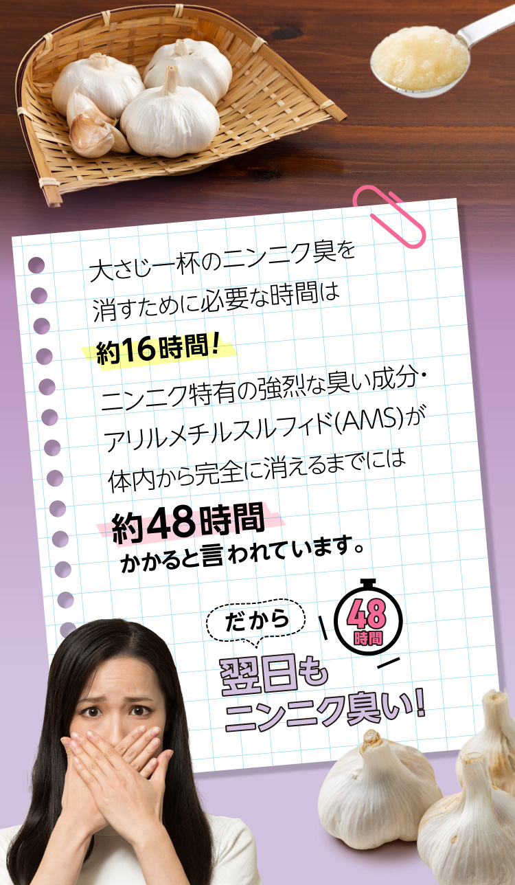 ニンニクの臭い成分が体内から完全に消えるまでに約48時間かかる