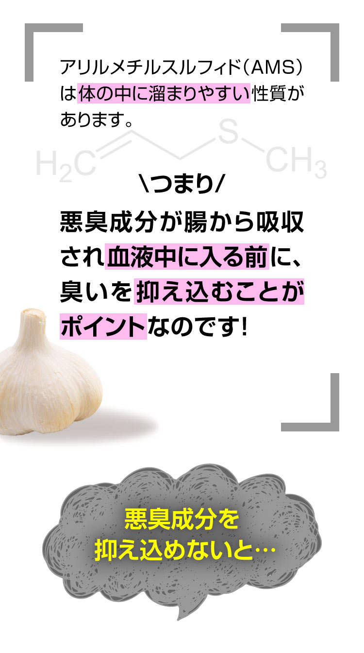 悪臭成分が腸から吸収され血液中に入る前に、臭いを抑え込むことがポイントなのです！