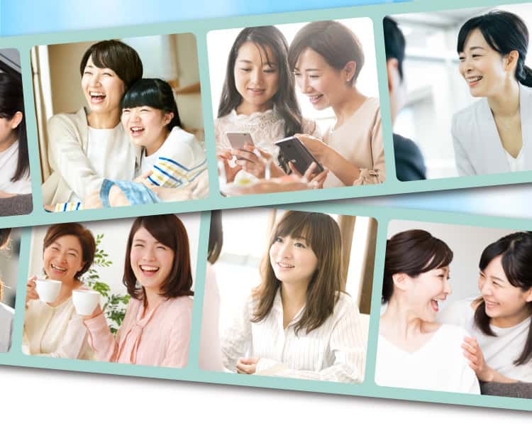 笑顔で会話を楽しむ女性たちの写真コラージュ