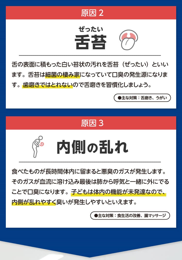 子供の息が臭い原因は口の中だけではありません。胃の調子が悪いと息が臭くなると思うかもしれませんが、誤った認識です。胃と口のあいだには噴門（ふんもん）とよばれる弁があって、いつもは括約筋の力でしっかり閉じられています。 そのため、ゲップをしない限り胃の臭いが口に直接あがってくることはありません。