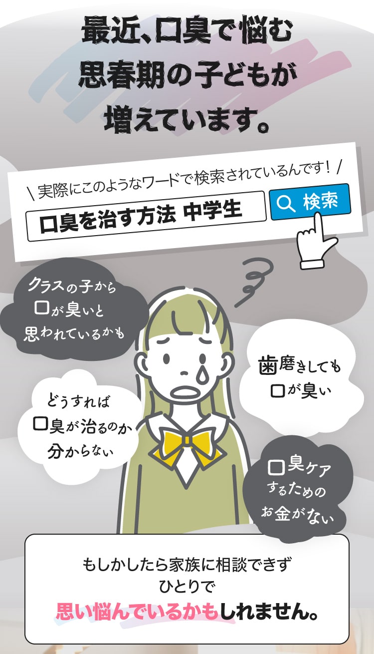 最近、口臭で悩む思春期の子どもが増えています。　実際にワード検索でも　口臭を治す方法　中学生　クラスの子から口が臭いと思われているかも　歯磨きしても口が臭い　どうすれば口臭が治るのかわからない
      口臭ケアするためのお金がない　もしかしたら家族に相談できずひとりで思い悩んでいるかもしれません。