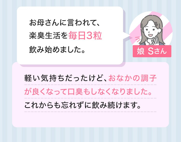娘 Sさん　お母さんに言われて、楽臭生活を毎日3粒飲み始めました。軽い気持ちだったけど、お腹の調子が良くなって口臭もしなくなりました。これからも忘れずに飲み続けます。