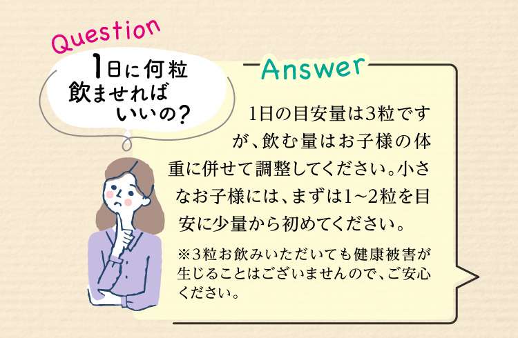 Question：1日に何粒飲ませればいいの？ Answer:1日の目安量は3粒ですが、飲む量はお子様の体重に併せて調整してください。小さなお子様には、まずは1～2粒を目安に少量から初めてください。※3粒お飲みいただいても健康被害が生じることはございませんので、ご安心ください。