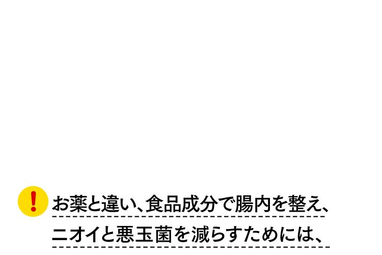 お薬と違い、食品成分で腸内を整え、ニオイと悪玉菌を減らすためには、