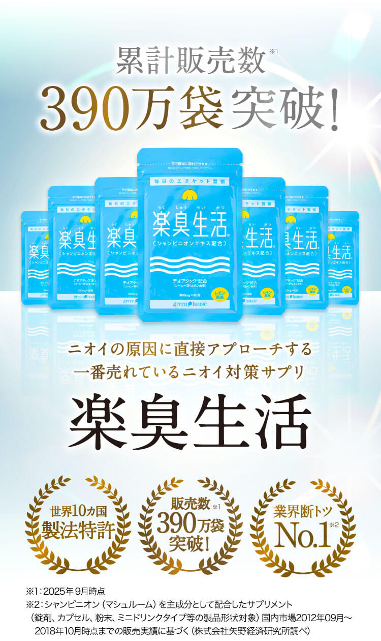 累計販売数390万袋突破。ニオイの原因に直接アプローチする一番売れているニオイ対策サプリ「楽臭生活」。