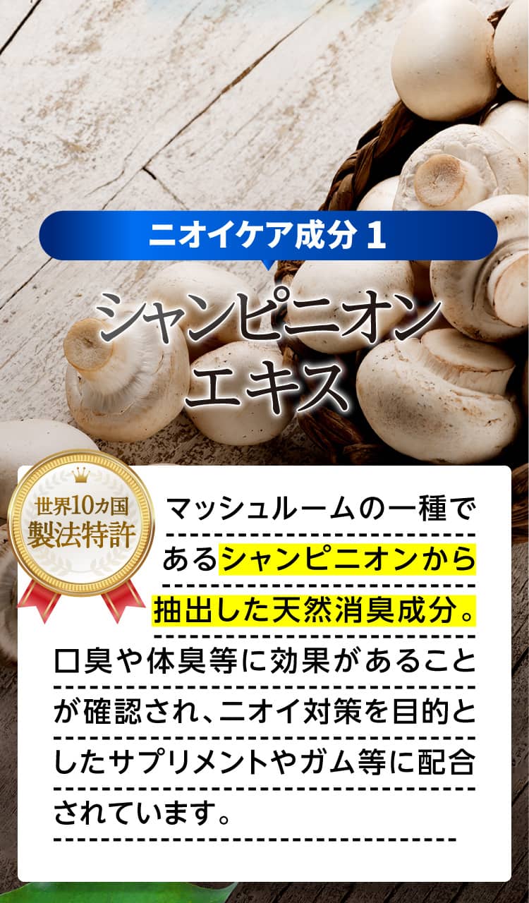 ニオイケア成分 1シャンピニオンエキス マッシュルームの一種であるシャンピニオンから抽出した天然消臭成分。口臭や体臭等に効果があることが確認され、ニオイ対策を目的としたサプリメントやガム等に配合されています。
