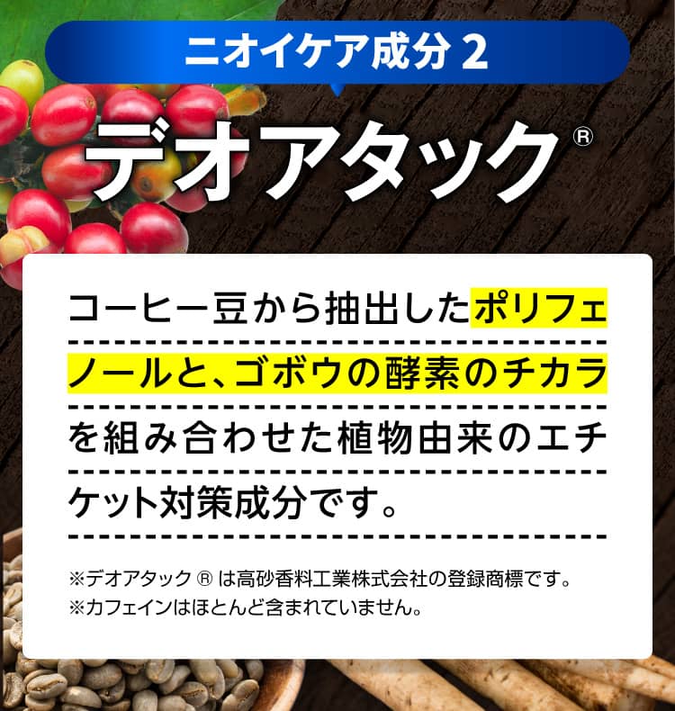 ニオイケア成分 2 デオアタック®　コーヒー豆から抽出したポリフェノールと、ゴボウの酵素のチカラを組み合わせた植物由来のエチケット対策成分です。※デオアタック®は高砂香料工業株式会社の登録商標です。
            ※カフェインはほとんど含まれていません。