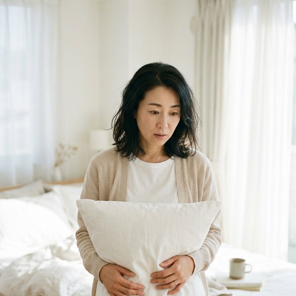 朝、枕を手に取って気にする女性（画像はイメージ）