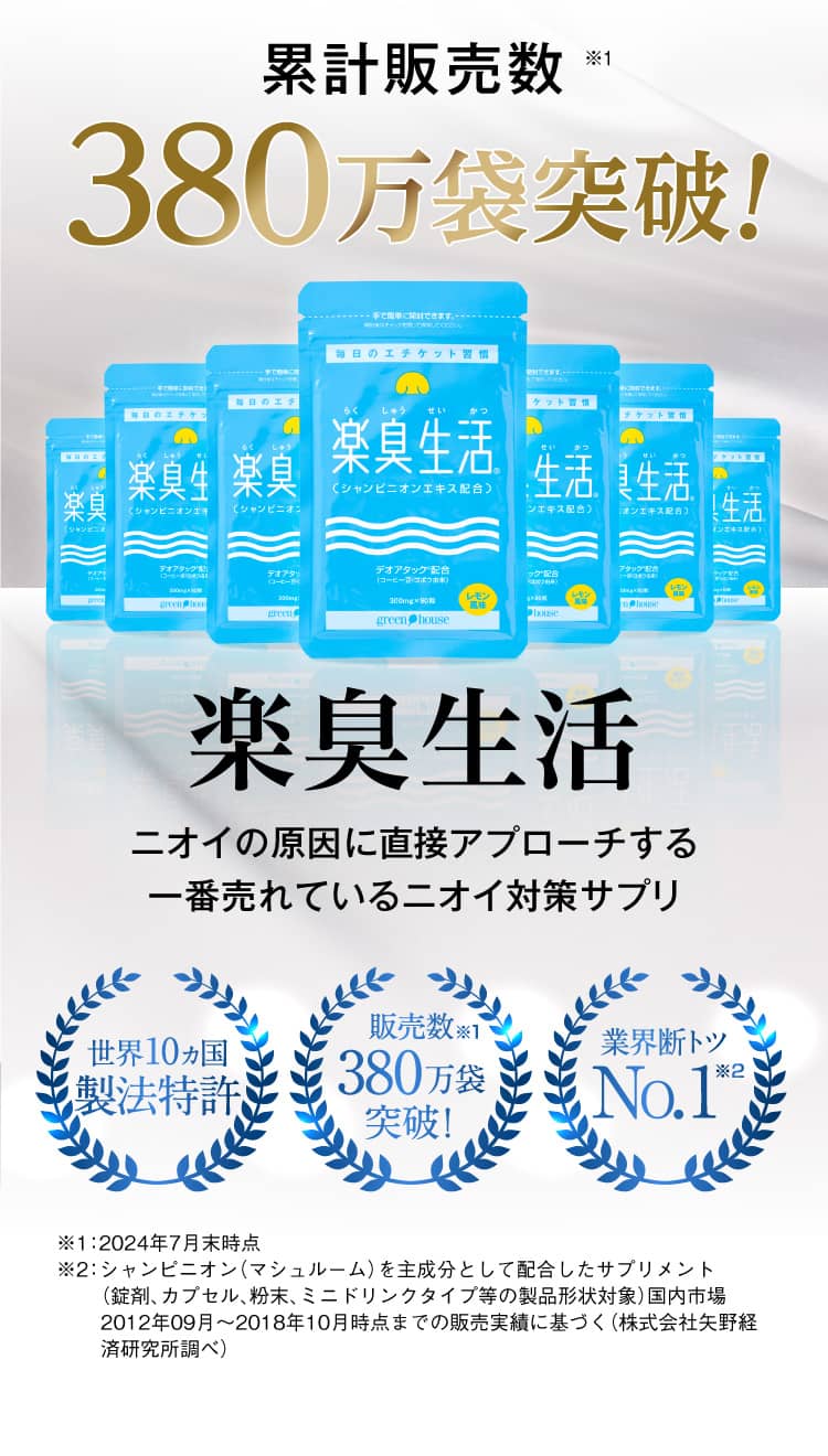 累計販売数370万袋突破！楽臭生活ニオイの原因に直接アプローチする。一番売れているニオイ対策サプリ。