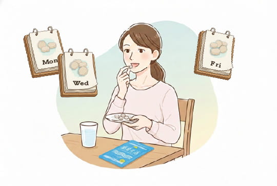 様子をみて飲む粒数を増やす女性のイラスト
