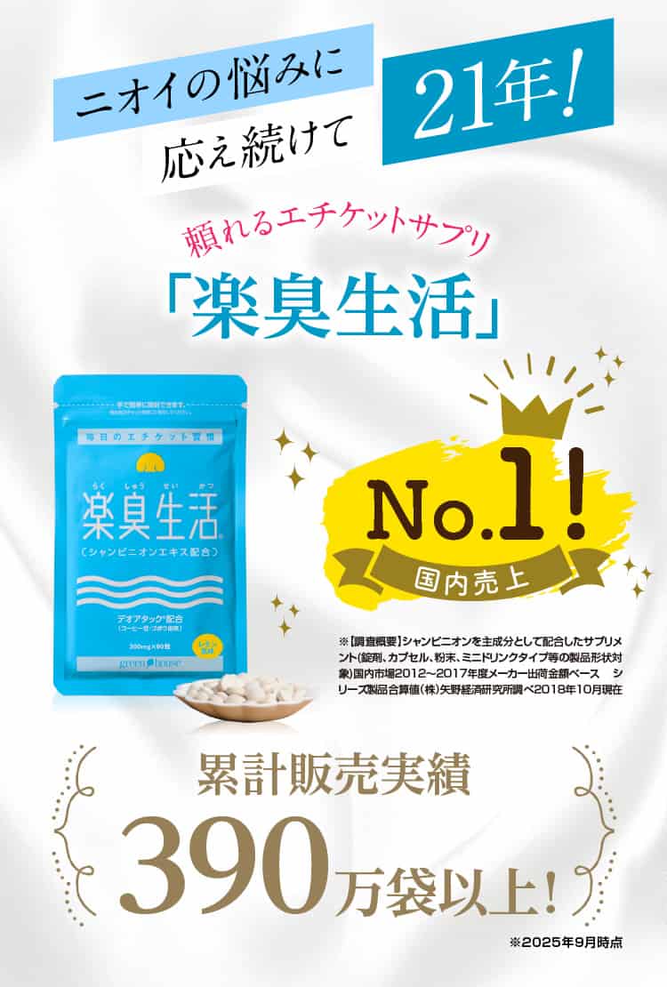 ニオイの悩みに応え続けて20年。頼れるエチケットサプリ「楽臭生活」