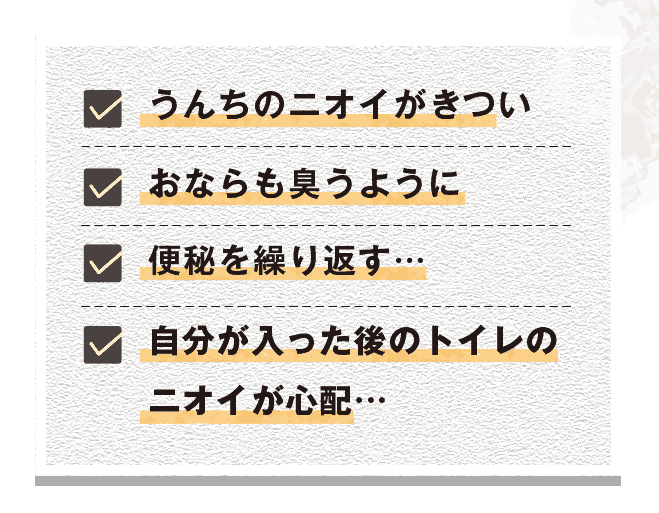 ●うんちの臭いがきつい●おならも臭うように●便秘を繰り返す…●自分が入った後のトイレの臭いが心配…