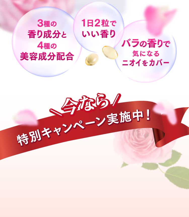 3種の香り成分と4種の美容成分配合 1日2粒でいい香り バラの香りで気になるニオイをカバー