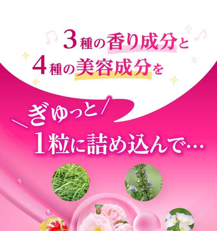 3種の香り成分と4種の美容成分をぎゅっと1粒に詰め込んで・・・