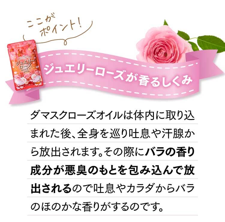 ここがポイント！ ジュエリーローズが香るしくみ ダマスクローズオイルは体内に取り込まれた後、全身を巡り吐息や汗腺から放出されます。その際にバラの香り成分が悪臭のもとを包み込んで放出されるので吐息やカラダからバラのほのかな香りがるすのです。