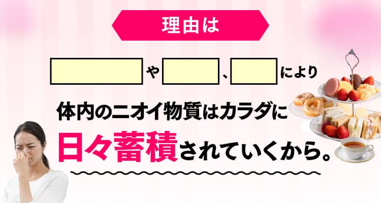 理由は毎日の食事やストレス、年齢により体内のニオイ物質はカラダに日々蓄積されていくから。