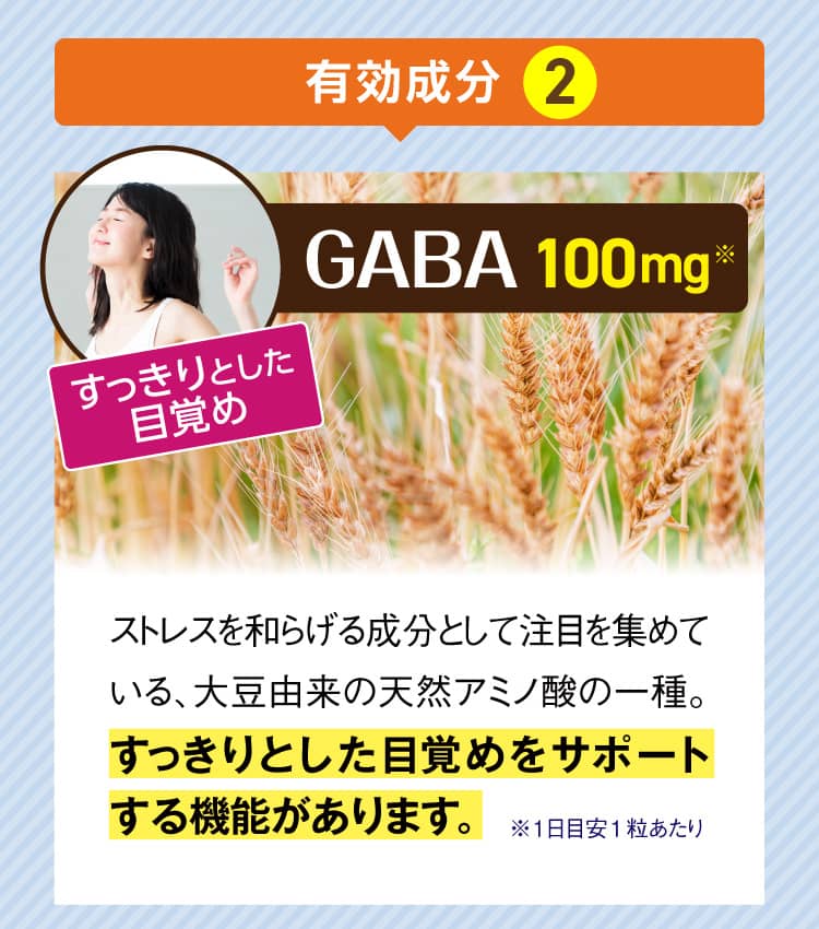 有効成分2[GABA] ストレスを和らげる成分として注目を集めている、大豆由来の天然アミノ酸の一種。すっきりとした目覚めをサポートする機能があります。