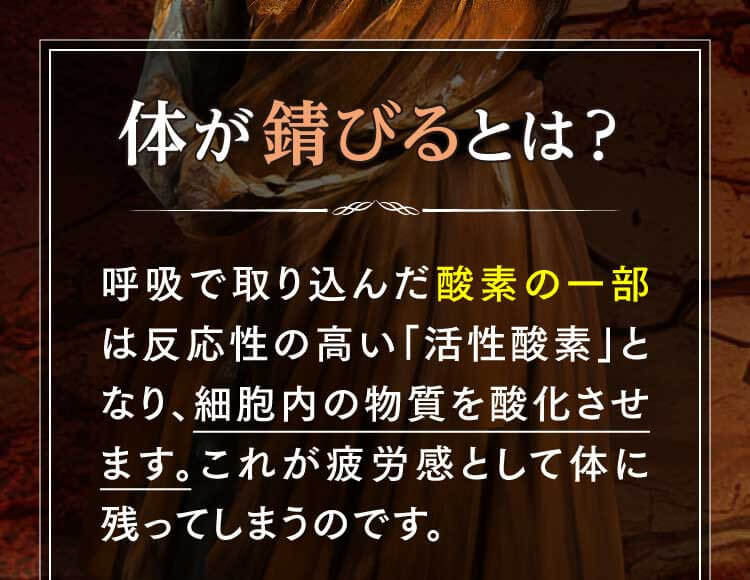体が錆びるとは？呼吸で取り込んだ酸素の一部は反応性の高い「活性酸素」となり、細胞内の物質を酸化させます。これが疲労感として体に残ってしまうのです。