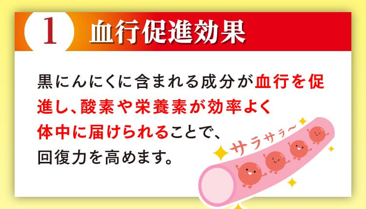 1.血行促進効果 黒にんにくに含まれる成分が血行を促進し、酸素や栄養素が効率よく体中に届けられることで、回復力を高めます。