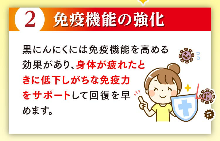 2.免疫機能の強化 黒にんにくには免疫機能を高める効果があり、身体が疲れたときに低下しがちな免疫力をサポートして回復を早めます。