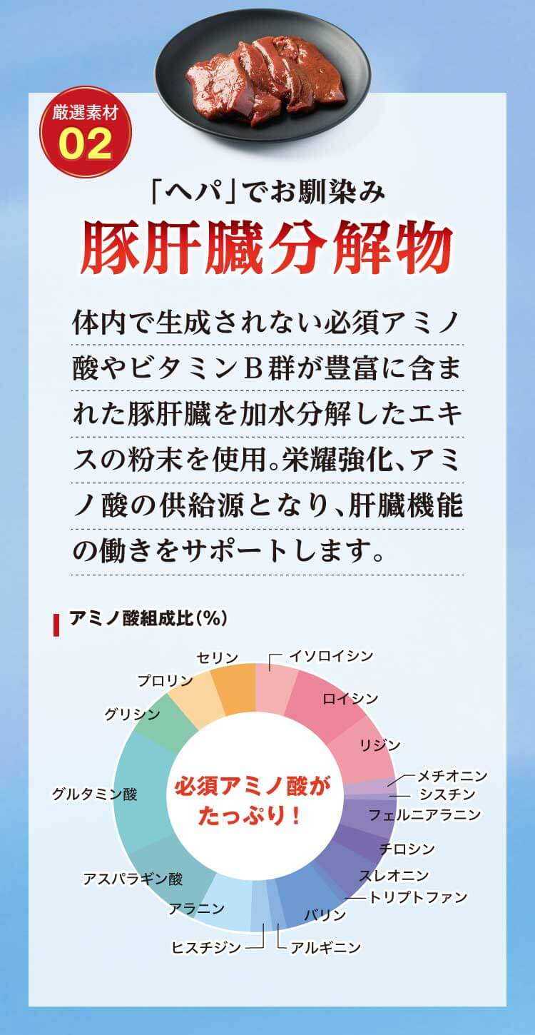 厳選素材02.「ヘパ」でお馴染み[豚肝臓分解物] 体内で生成されない必須アミノ酸やビタミンＢ群が豊富に含まれた豚肝臓を加水分解したエキスの粉末を使用。栄耀強化、アミノ酸の供給源となり、肝臓機能の働きをサポートします。