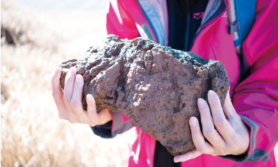 火山岩を手に取って観察もできます。