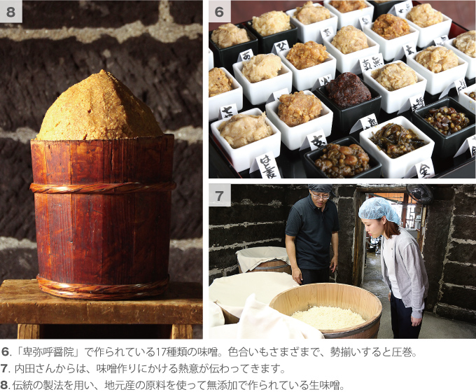 6.「卑弥呼醤院」で作られている17種類の味噌。色合いもさまざまで、勢揃いすると圧巻。7.内田さんからは、味噌作りにかける熱意が伝わってきます。8.伝統の製法を用い、地元産の原料を使って無添加で作られている生味噌。