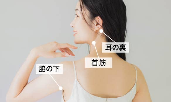皮膚腺が多くある場所:耳の裏・首筋・脇の下