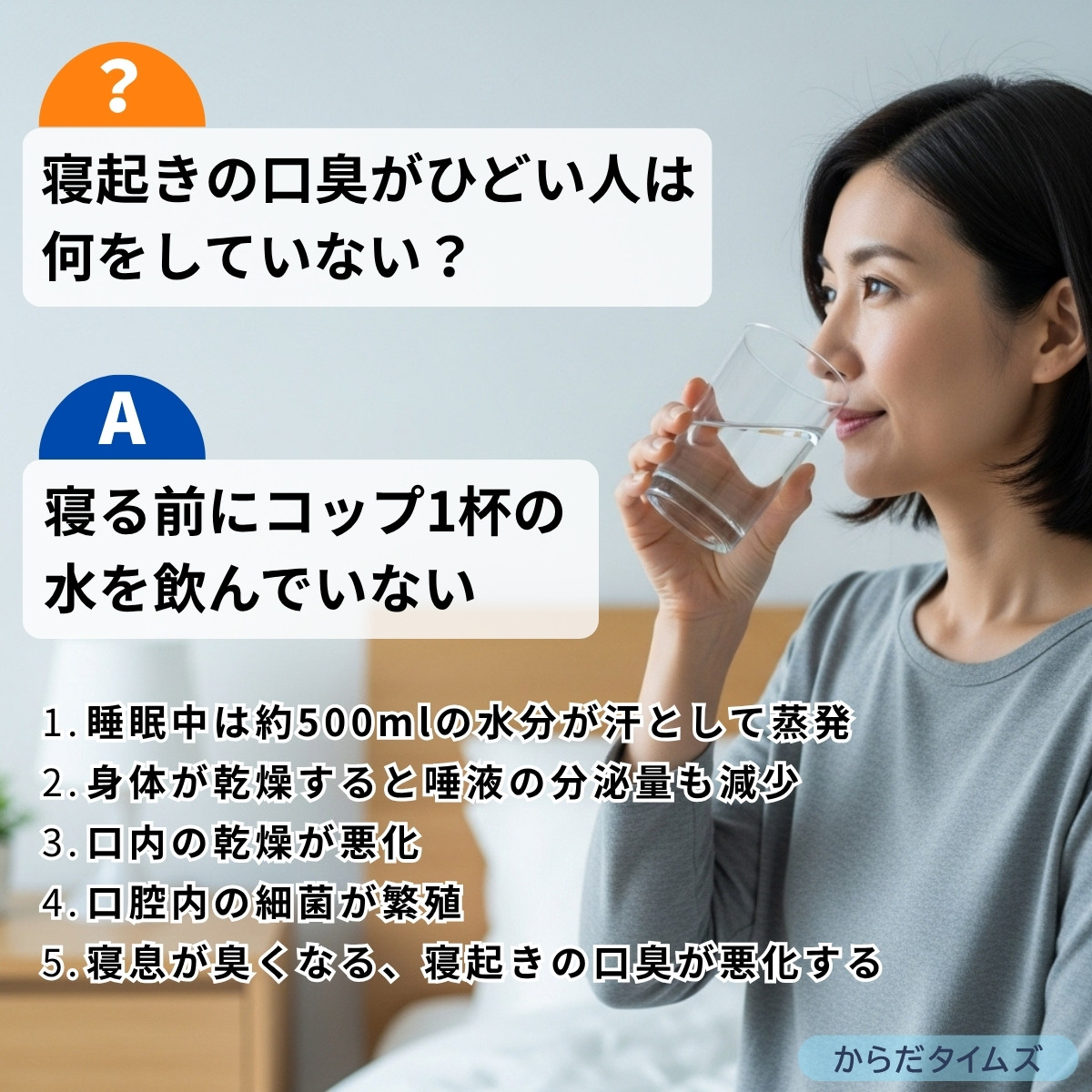 寝る前にコップ1杯分の水分補給をすることで寝起きの口臭対策になる
