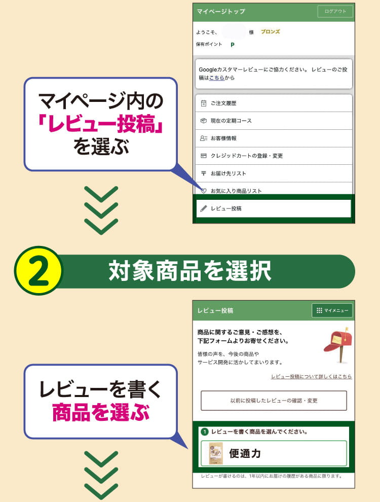 マイページのレビュー投稿を選択、レビューを書く商品を選ぶ